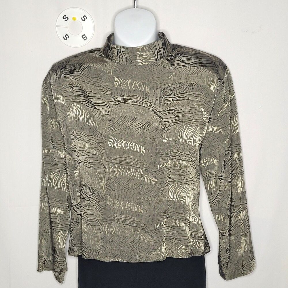 Judy Knapp CA Vintage Abstract Zebra Textured Open Back Blouse Small Taupe